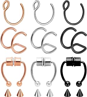 Yolev 9-Piece Goldstone Fake Double Nose Ring Set with Stainless Steel Chain for Non-Pierced Women - Fashionable Hoops in Basic, Double Hoop, and Septum Designs