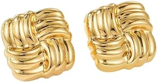 Gold Statement Earrings for Women girl，Gold Chunky Hollow Square Geometric Textured Trendy Vintage Stud Earrings