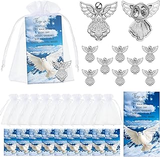 Geosar Alloy Gold Angel Brooch Set with 25 Pins, Prayer Cards & White Organza Bags for Baby's Religious Milestones, White Dove Design