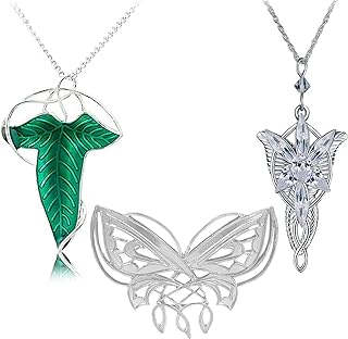 3pcs Arwen Evening Star Butterfly Brooch Lord of The Ring Hobbit Necklace Vintage Green Leaf Elven Pin Brooch Pendant Chain Necklace