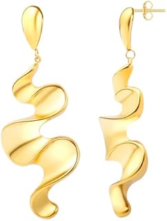 JINHUI 18K Gold Plated Long Hoop Dangling Earrings with Push Back Closure for Women in Irregular Design