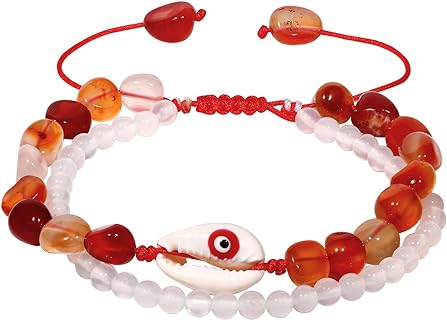 Layered Natural Agate Beaded Bracelets Tumbled Rocks Healing Crystals Energy Anxiety Bracelet for Women Summer Beach Shell Jewelry