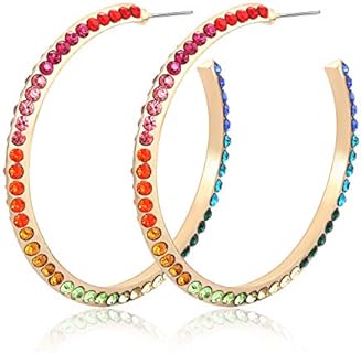 Hinged Hoop Rainbow Earrings for Women - Durable Alloy - Colorful Multi CZ Pave Design - Statement Rhinestone Hoops