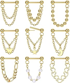 9-Piece Unisex Stainless Steel 16G Chain Septum/Nose Rings with Threadless Design - Hypoallergenic Body Piercing Jewelry Suitable for Helix, Cartilage, Lobe, Tragus Earrings