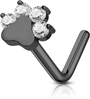 COCHARM G23 Titanium 20g Nose Stud Black Silver Paw Print Nose Stud L Shape Nose Rings L Bend Dog Paw Nostril Nose Piercing Jewelry 20g Cute Classicl Press Fit Nose Stud for Women Men