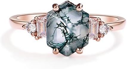 Women's Moss Agate Hexagon Engagement Ring in Rhodium Plated 925 Sterling Silver - Timeless Wedding Jewelry with Earthy Gemstone Design