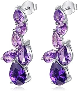 Amethyst Cluster Earrings 925 Sterling Silver Amethyst Teardrop Earrings Gradient Dark Purple Crystal Dangle Drop Earrings Purple Jewelry Gifts for Women Girls Christmas Gift