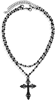 Gothic Vintage-Chic Bead Cross Necklace with Dual Layered Cable Chain for Women - Unique Black Cross Design Halloween, Christmas, and New Year Goth Jewelry Gift.