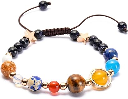 Bead Chain Galaxy Bracelet with Zinc and Natural Stones, Ideal for Men, Women, Boys, and Girls, Features Eight-Planet Design