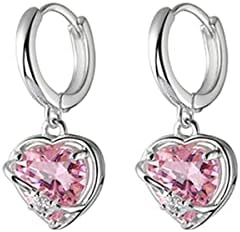 SLUYNZ 925 Sterling Silver Pink CZ Heart Hoop Earrings for Women Teen Girls Sweet Love Hoop Dangle Earrings