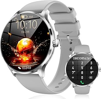 Goldmax シルバー スマートウォッチ、iPhone＆Android対応、Bluetooth通話・通知機能、1.39インチ画面、防水、運動モード付き。