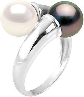 PEARLS & COLORS Bague TOI et MOI Perles de Culture de Tahiti et d'Eau Douce 7-8 mm, Argent Rhodié 925, Taille 48 à 62, Bijou Intemporel pour Femme, Livré avec Écrin Prestige