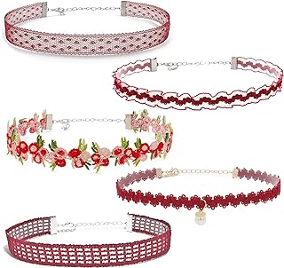 Nova&Aria 5PC Red Chokers Set For Women Heart Pearl Choker Necklaces Flower Pendant Velvet Cute Choker Necklace Classic Tattoo Colorful Lace Chokers For Teen Girl-37