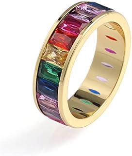 Eternity Clasp Gold Plated Rainbow Wedding Ring with Emerald Cut Cubic Zirconia for Women and Men - Baguette Design