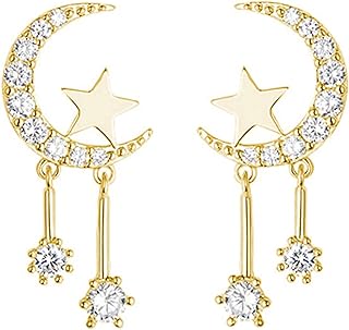 Reffeer Solid 925 Sterling Silver Crescent Moon Star Earrings Studs for Women Teen Girls CZ Moon Studs Earrings Star Tassel Earrings