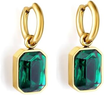 Green Hoop Dangle Earrings 18K Gold Plated Emerald Drop for Women Girls Titanium Steel May Birthstone Hypoallergenic Trendy