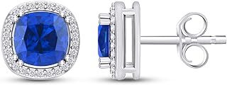 GEMVIO Collection 1 3/4 CTTW 6.5MM Cushion Cut Gemstone & Natural White Diamond Halo Stud Earrings In 14K Gold Over Sterling Silver Jewelry For Women (1.75 Cttw) Valentine's Day Gift For Her