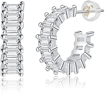 Open Hoop Earrings with Crystal Baguette for Women Girls, Sterling Silver C-Shaped Earrings with Cubic Zirconia, Diameter 10mm
