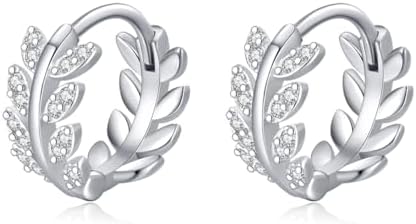 SLUYNZ Sterling Silver CZ Leaf Hoop Earrings for Women Teen Girls Dainty Olive Leaf Hoop Earrings Huggie