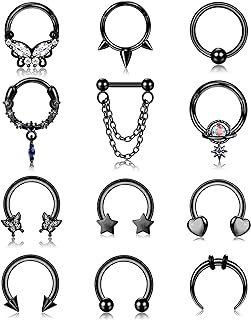 16G Stainless Steel Septum Chain Nose Ring with Cubic-Zirconia for Women, Dangle Star Heart Horseshoe Design Daith Tragus Helix Cartilage Hoop Earrings Septum Piercing Jewelry Set