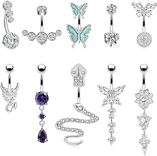 BSJ4U 10 Pieces Belly Button Rings Belly Ring Set for Women Navel Rings 14G Stainless Steel Hypoallergenic Belly Button Devil Heart Snake Butterfly Dangle Dangling Dangly Navel Belly Piercing Jewelry with Box