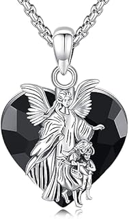 Black Crystal Guardian Angel 925 Sterling Silver Pendant Necklace with C-Link Chain and Lobster Clasp for Men and Women