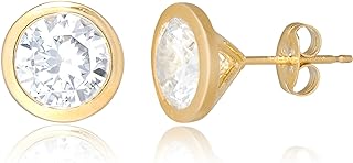18K Gold Plated Sterling Silver Bezel Stud Earrings with Push Back and Cubic Zirconia for Men and Women in Classic Round Design