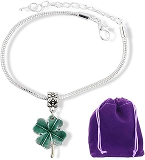 Emerald Park Jewelry Clover Bracelet | Four Leaf Clover with green Tint Stainless Steel Snake Chain Charm Bracelet