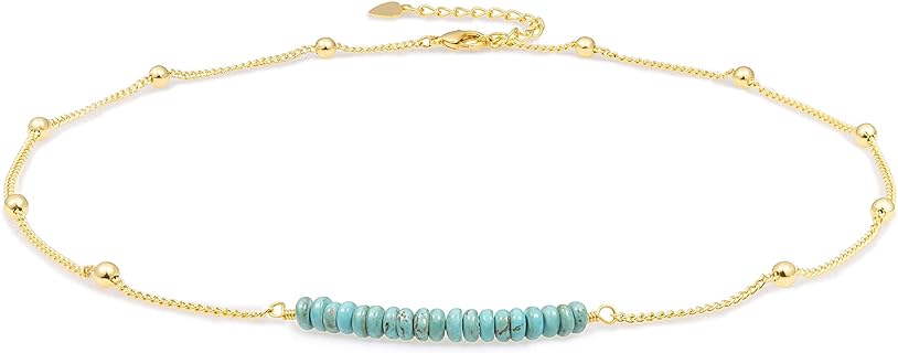 PERNNLA PEARL 18K Gold Satellite Beaded Curb Ball Chain Choker Turquoise Garnet Beads Bar Necklace Handmade Pendant Jewelry Adjustable for Women 16”+ 2”