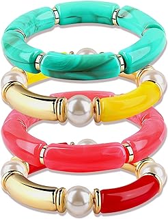 Women's XOCARTIGE Gold Bangle Bracelet with Faux Pearls & Acrylic Beads, Spring Ring Pearl Clasp, Bead Chain - Bamboo Tube Shape Summer Style Bracelets Set