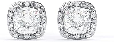 10K White Gold Diamond Halo Drop Earrings, Cushion-Cut White Sapphire Studs for Women and Teen Girls, Hypoallergenic and Waterproof Elegant Earring Set, Ideal Jewelry Gift for Wife or Daughter