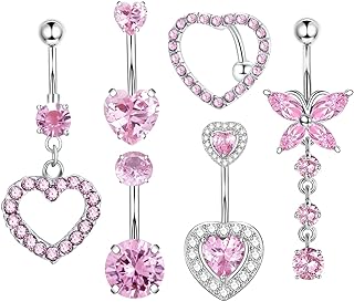 ShinyStyle J4You 6 Pcs Pink Heart Belly Button Ring Dangle for Women Cute Surgical Steel Pink Dangling Belly Rings Belly Button Piercing Belly Piercings Navel Piercings Jewelry