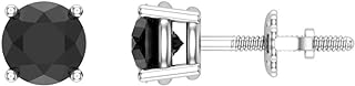 Screw Back 14K White Gold Black Diamond Stud Earrings for Men, Women and Girls - Round Cut Design, 4.5mm Width - Comes with Gift Box and Authenticity Cards