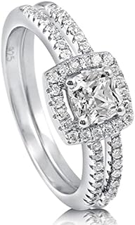 BERRICLE Sterling Silver Halo Wedding Engagement Rings Cushion Cut Cubic Zirconia CZ Ring Set for Women, Rhodium Plated Size 4-10