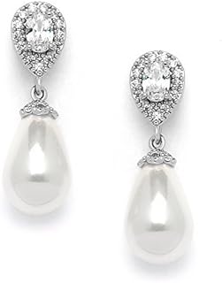 Mariell Pearl Bridal Wedding Drop Earrings with CZ Crystals for Brides, Bridesmaids, Birthday Gift