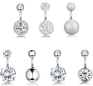 FUNRUN JEWELRY 7PCS 14G 6MM 1/4 Inch 316L Surgical Steel Belly Button Rings Belly Earring CZ Navel Rings Barbell Body Piercing Jewelry