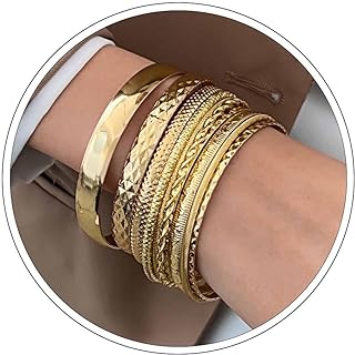 Gold Bangle Bracelet Set for Women Multi Stacking Wide Bangles Indian Bollywood Chunky Bangle Bracelets Ethnic Glossy Textured Bracelets Wedding Outfit Jewelry (10Pcs)