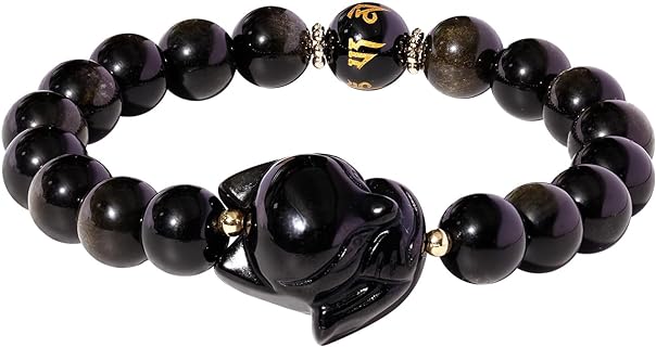 No-Clasp Copper Bead Chain Japanese Bracelet with Obsidian Gems for Unisex Fox Amulet Design - Feng Shui Gold Obsidian Wealth Good Luck Jewelry