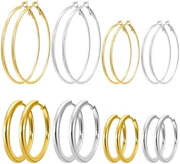 8 Pairs Gold Silver Hoop Earrings for Women Girls, Piercing Big Small Stainless Steel Gold Silver Plated Hoop earrings, 16/20/40/60mm Lightweight Hypoallergenic Dainty Silver Gold Hoops Earrings Set