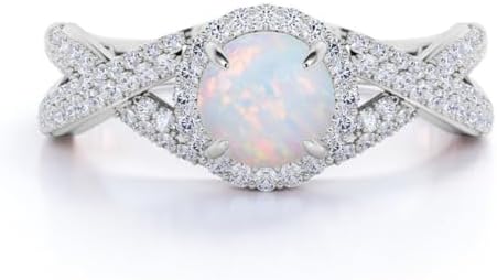 Women's Sterling Silver Opal and Moissanite Halo Engagement Ring - Stunning 10K, 14K, 18K Options Available