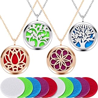 Hicarer 4 Pieces Essential Oil Necklace Diffuser Oil Pendant Locket Aromatherapy Pendant Perfume Oil Jewelry Necklace with 14 Refill Pads and 24 Inch Adjustable Chain