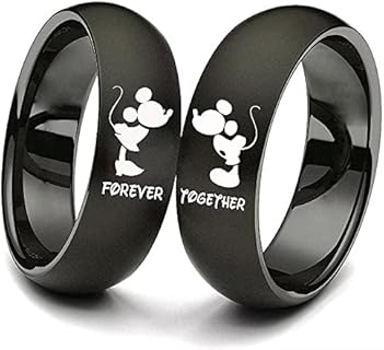 His and Hers Titanium Steel Couple Rings Mickey Mouse Kiss Forever Together Promise Wedding Band Black【Please Buy Two Rings for one Pair】