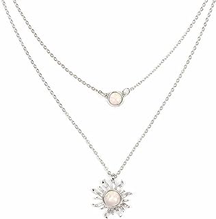 Sun Moon Opal Layered Pendant Necklace for Women Teen Girls Gold Silver Plated Dainty Charm Sunflower Round Geometric Planet Chain Choker Necklace for Mom Wife Daughter Friend Fashion Jewelry Gifts