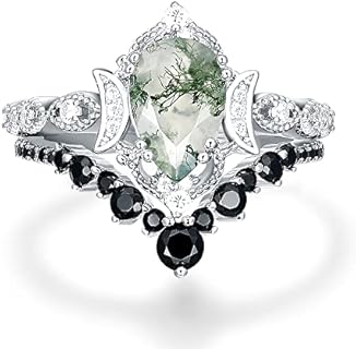 Genuine Moissanite Bridal Sets - 1.50 Carat Pear Cut Natural Moss Agate Wedding Sets - Milgrain Floral Half Eternity Engagement Ring - Round Cut Created Black Spinel Wedding Band - Art Deco Platinum Plated 925 Silver Rings - Gifts For Women - Vintage Jewelry - Promise Rings For Her