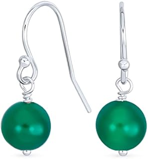 Simple Basic Gemstone Round 8MM Bead Ball Drop Dangle Earrings For Women Teen Secure French Fish Hook Wire .925 Sterling Silver Birthstones More Colors