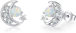 Cuoka 925 Sterling Silver Moon and Star Earrings, Opal Sun Earrings Hypoallergenic Moon Star Sun Opal Studs Earrings,Delicate Opal Jewelry Birthday Graduation Gift For Women Girls