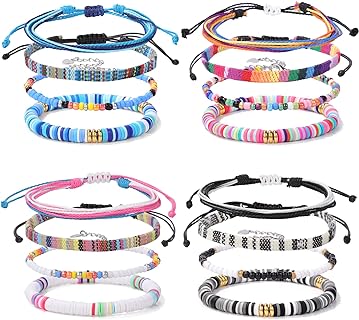 GolbalJew 16 Pcs Boho Bracelets for Women Friendship Beach Bracelets Stackable Summer Surfer Beads Bracelet Adjustable String Bohemian Woven Braided Cord Beaded Bracelet 4 Set