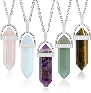 5 Pcs Natural Hexagonal Crystal Necklace for Women Reiki Healing Crystals Pendant with Tree Wire Wrapped Gemstone Quartz Stone Pendants Necklaces for Girl
