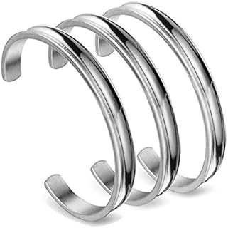WUSUANED Stainless Steel Hair Tie Cuff Bracelet Set in 3 PCS Silver with Grooved Bangle Design - Adult Size, Ideal Gift for Her