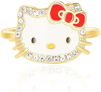 Hello Kitty Sanrio Womens Enamel and Crystal Face Ring Size 7, 18kt Yellow Flash Plated Ring Officially Licensed